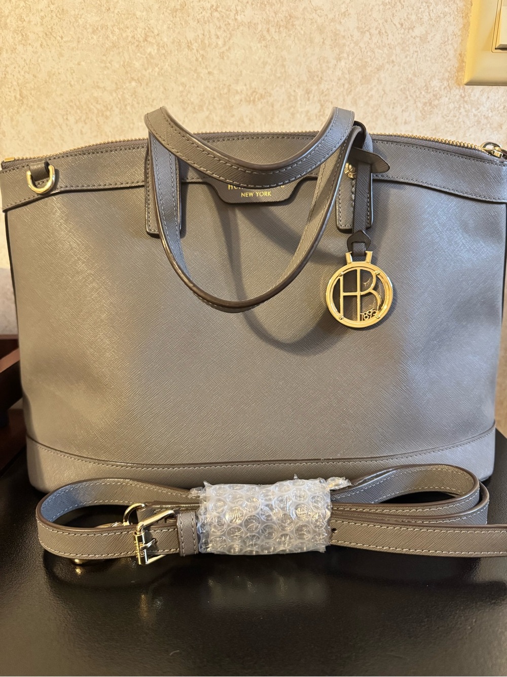 Henri Bendal Grey West 57th Saffiano Leather Tote with Gold Charm